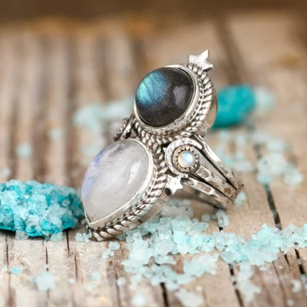 Moonstone Labradorite Ring Stars Moon Boho Statement Stone Jewelry 8.5